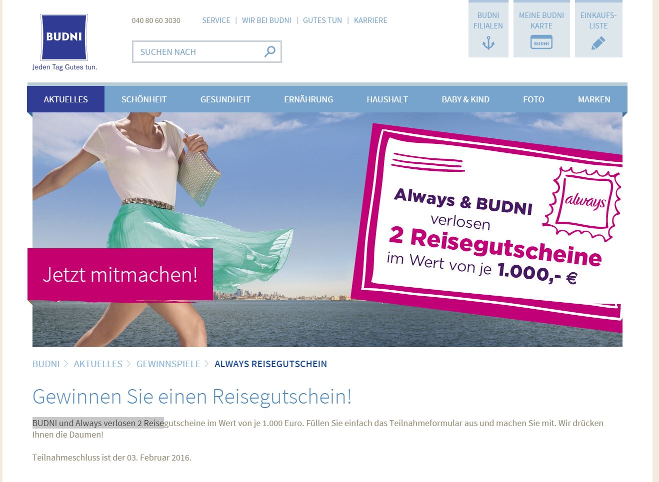 BUDNI Always Reise Gewinnspiel